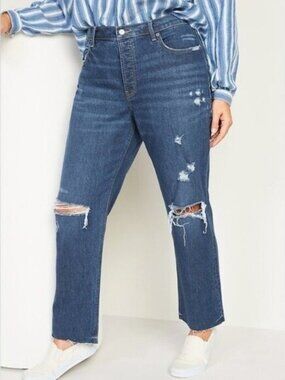 Old Navy High Rise Slouchy Straight Jean Distressed Button Fly Dark Wash